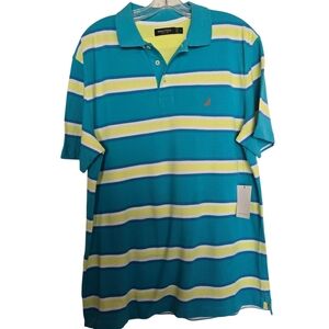 NWT Nautica Men's Turquoise Blue and Yellow Striped Polo Shirt
